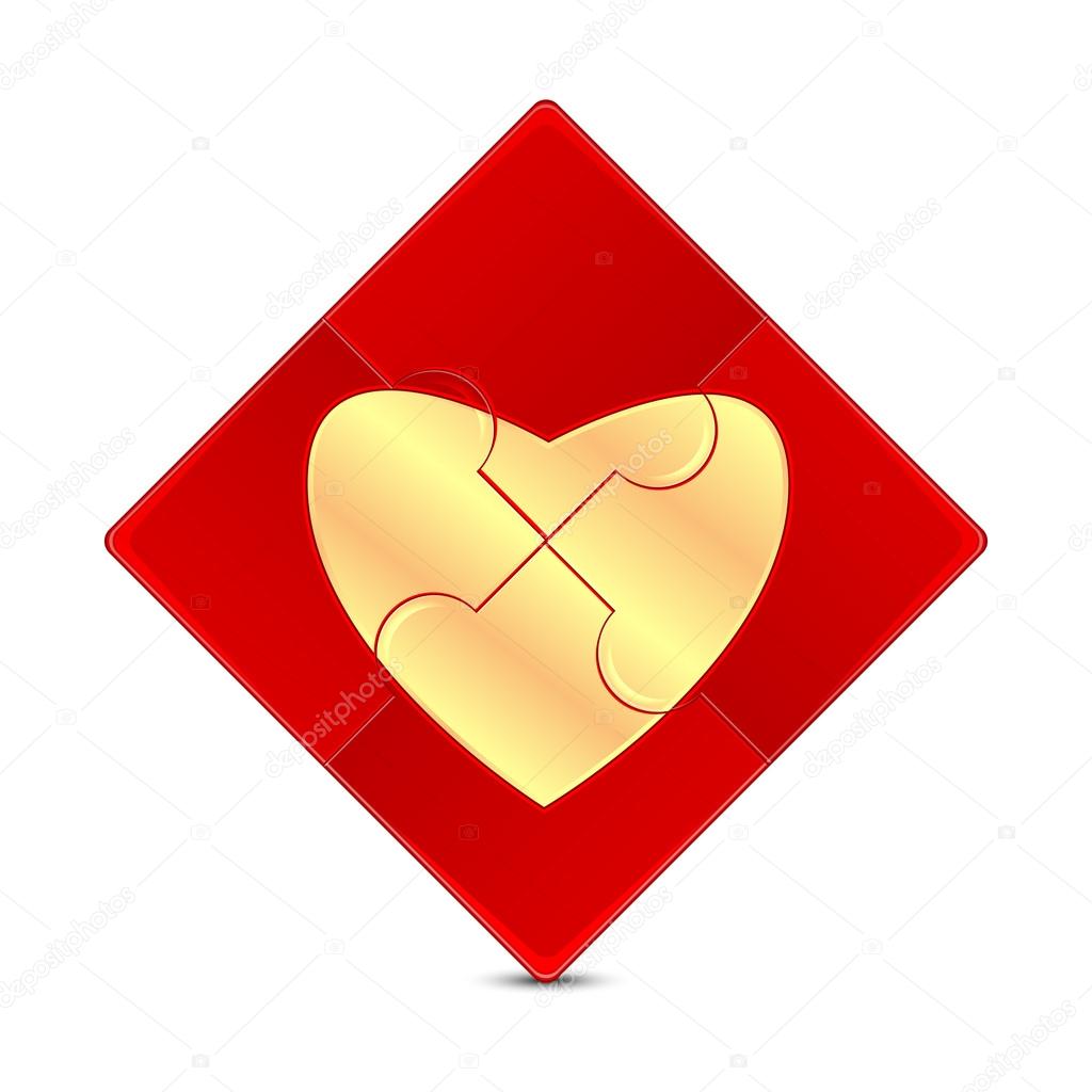 Puzzle with the image of a gold heart on a red background.illust
