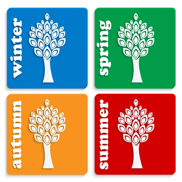 Set ikon yang melambangkan musimons.white pohon pada kotak berwarna-warni - Stok Vektor