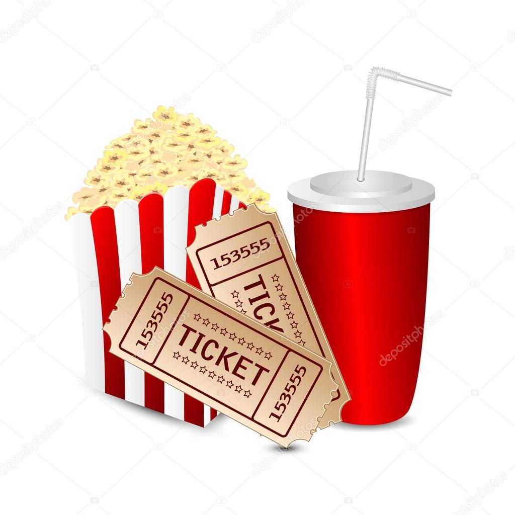 popcorn with a drink and movie tickets isolated on white backgro
