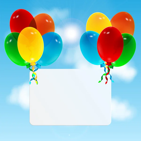 Kleurrijke ballonnen en wit vel papier op sky background.cel — Stockvector