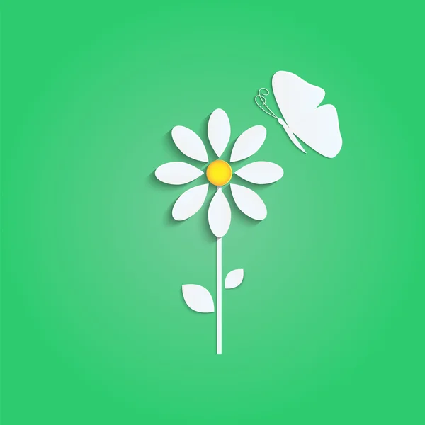 Flor y mariposa de un papel blanco sobre fondo verde.natu — Vector de stock