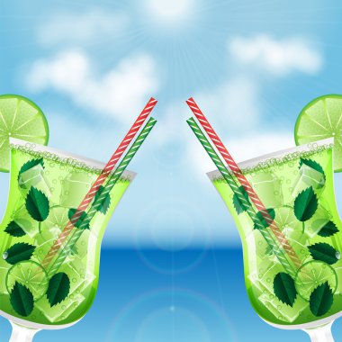 Two glasses with cocktails on the background of sea and sky.summ clipart
