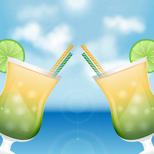 Two glasses with cocktails on the background of sea and sky.summ — Stock Vector