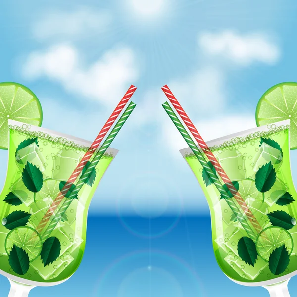 Two glasses with cocktails on the background of sea and sky.summ — Stock Vector