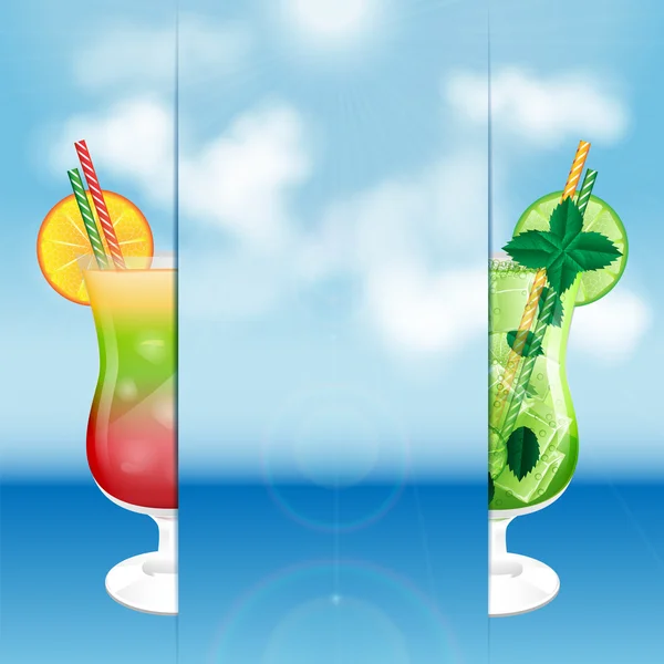 Két pohár, koktélok, a háttérben a tenger és a sky.summ — Stock Vector