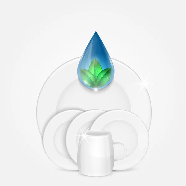 Set de platos limpios con gota de agua y hojas verdes — Vector de stock