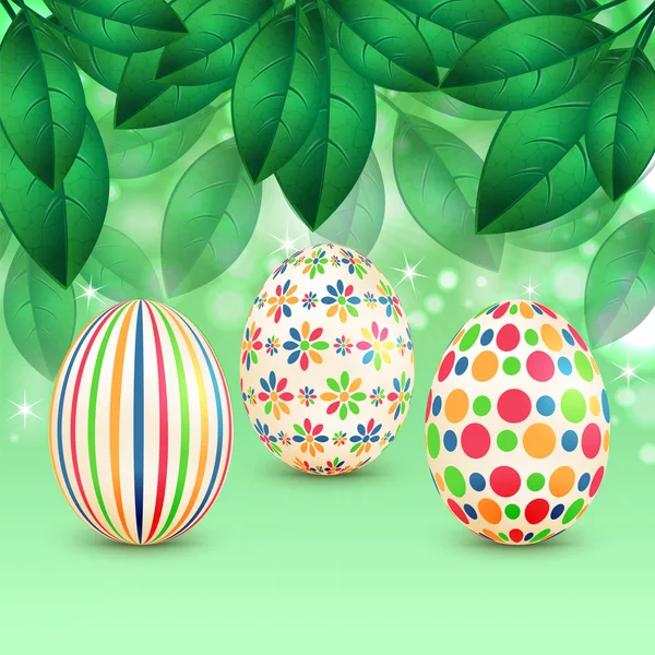 Easter eggs with colorful patterns on a background of spring fol — Stock Vector