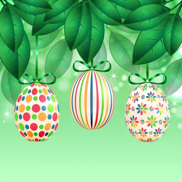 Huevos de Pascua con patrones coloridos sobre un fondo de fol primavera — Vector de stock
