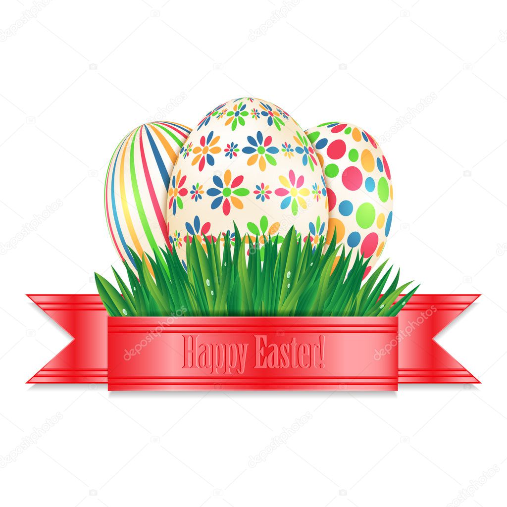 Uova di Pasqua con disegni colorati e molla verde erba isolat — Vettoriale Stock