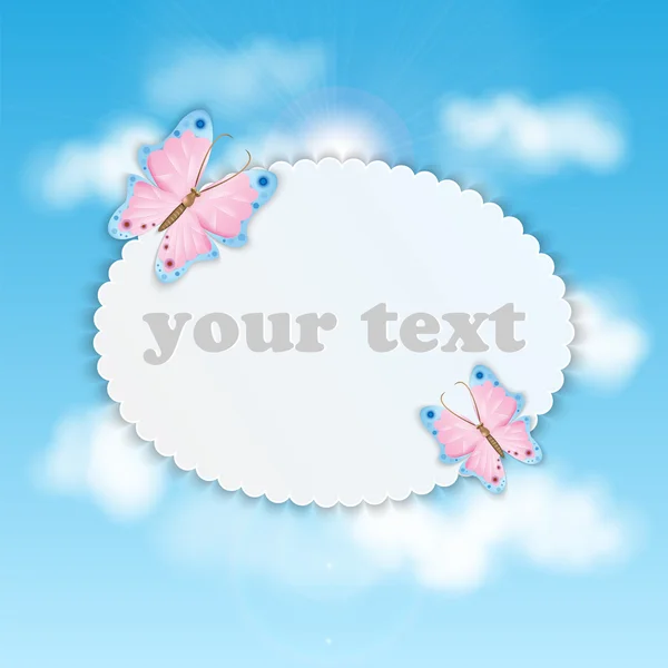 Blue sky with clouds and frame for your text colorful butterflie — Stock Vector