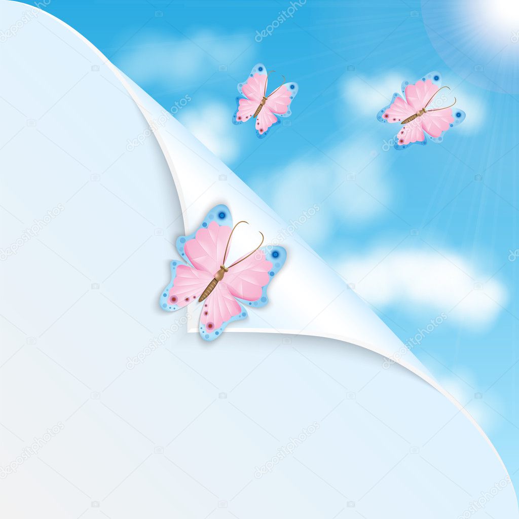 Pink butterflies and blue sky with clouds