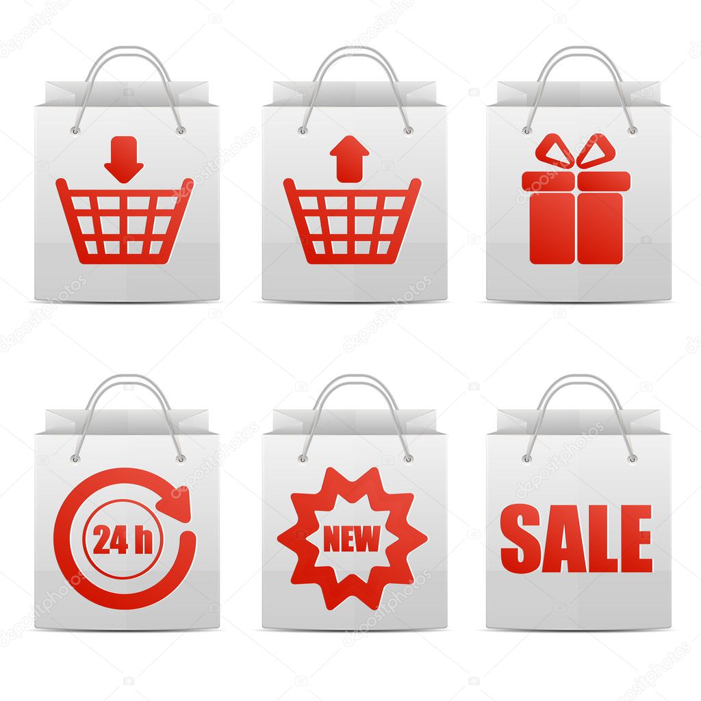 set of paper shopping bags with red emblems for online shop