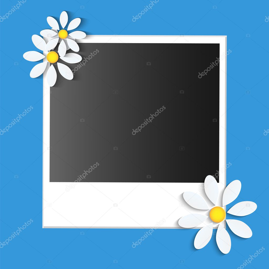 Photo card with paper flowers  on a blue background