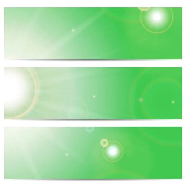 Güneş ve güneş ışığı yeşil renkli w üzerinde afiş kümesi — Stok Vektör