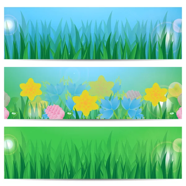 Set van zomer banners met groene gras en kleurrijke bloemen — Stockvector