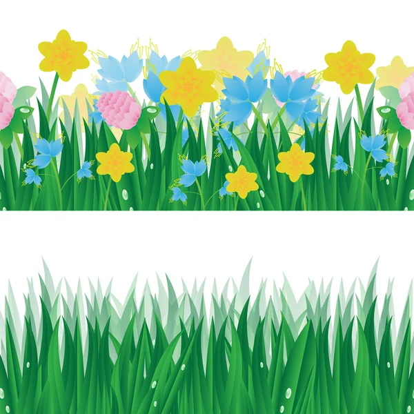 Set spanduk musim panas dengan rumput hijau dan bunga berwarna-warni isol - Stok Vektor
