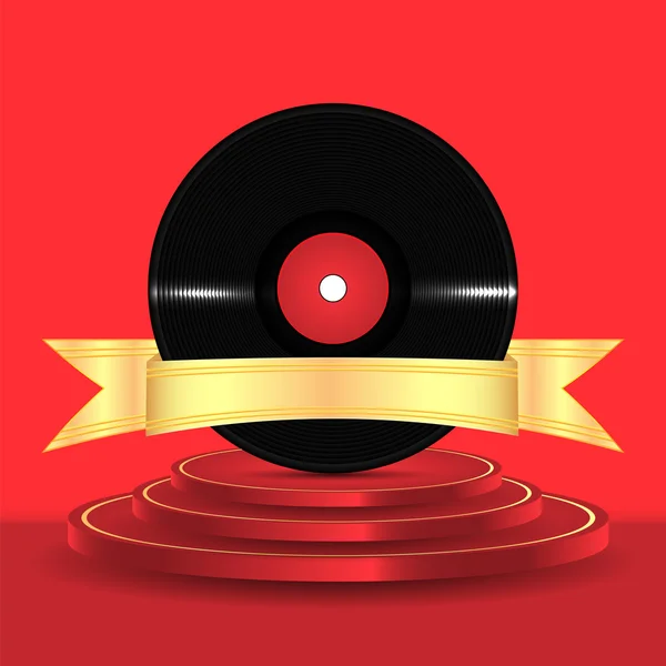 Disque de vinyle musical avec ruban d'or sur un podium rouge — Image vectorielle