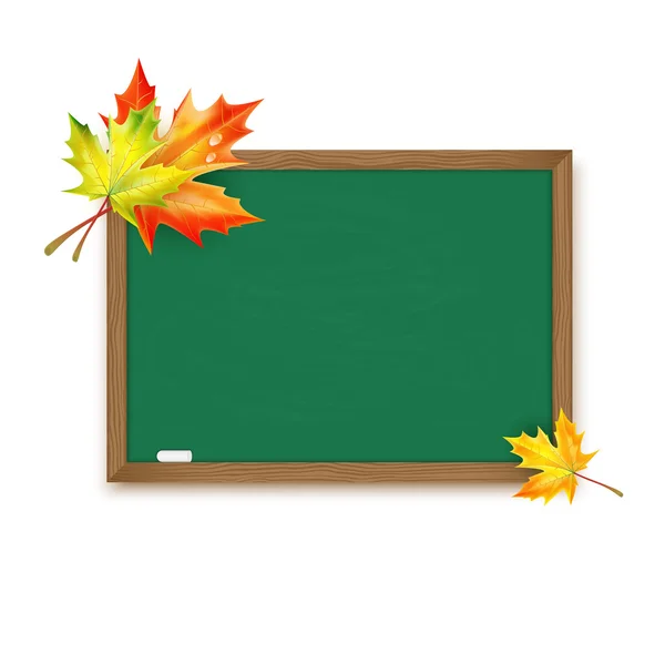 Blackboard decorated with autumn maple leaves isolated on white — Stock Vector