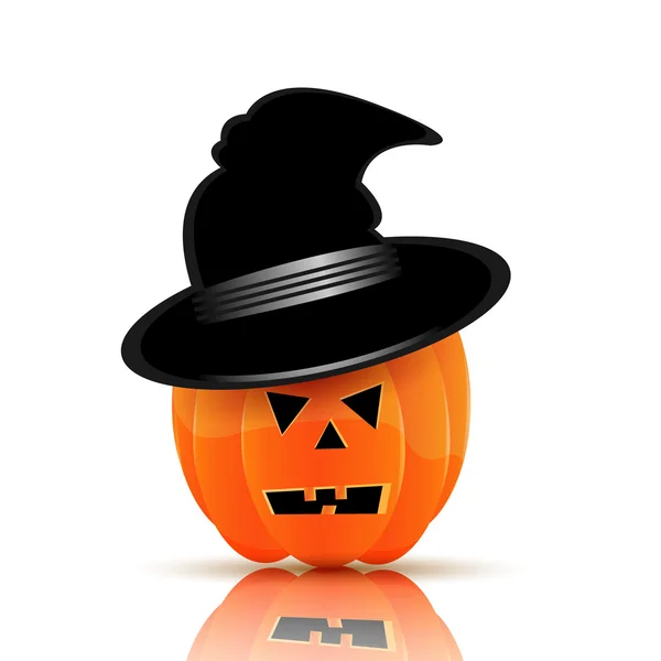 Calabaza en sombrero negro para Halloween aislado sobre fondo blanco — Vector de stock