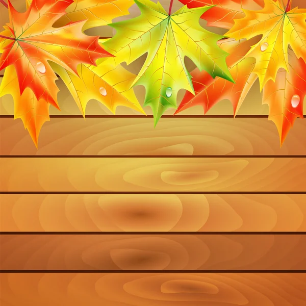 Hojas de arce de otoño sobre un fondo de tablones de madera — Vector de stock