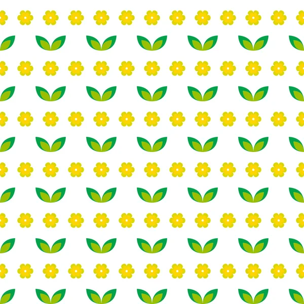 Padrão sem costura com flores amarelas e folhas verdes em um branco — Vetor de Stock