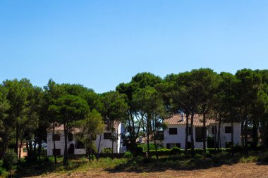 Costa Bravo 'daki turist evleri dostlar kasabasındaki golf sahasının yanındaki ağaçların arasında.