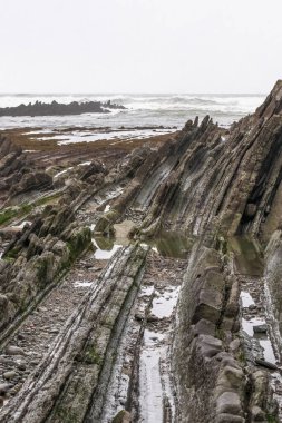 Bask bölgesindeki Sopelana plajında katmanlanmış kayalar.
