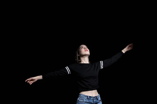 Woman Opening Her Arms Happy Black Background — Stock Photo, Image