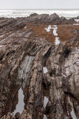 Bask ülkesinin kıyısındaki Sopelana sahilindeki kayalar bulutlu bir gün.