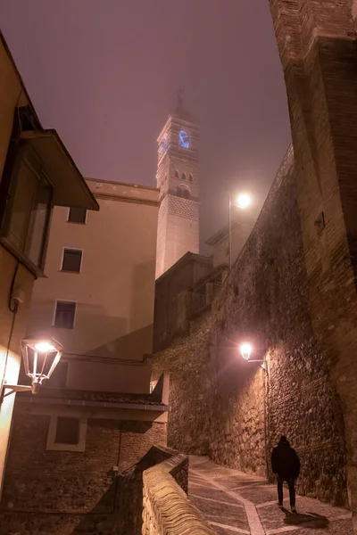 Bell Tower Church Town Tarazona Spain Foggy Night — Stock Photo, Image