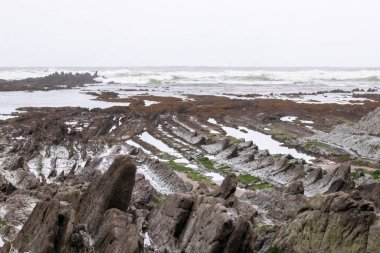 Sopelana kasabasındaki kayalık sahil Canatbria denizinde