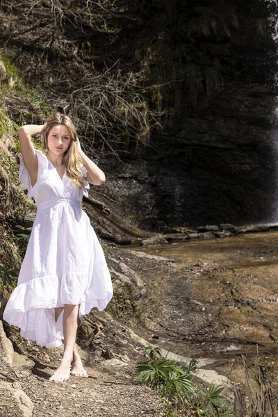 Blonde Woman White Dress Posing Forest Sunny Day — Stock Photo, Image