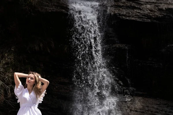 Blonde Woman White Dress Waterfall Mountains — Stock Photo, Image