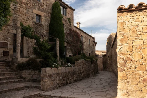 Rua Pedra Típica Pitoresca Cidade Medieval Amigos Costa Brava — Fotografia de Stock