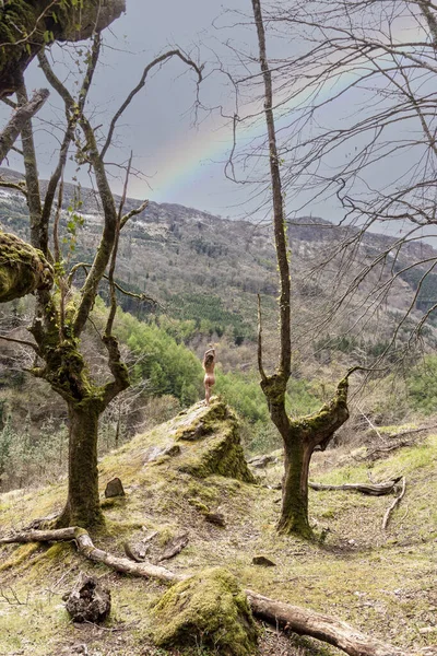 Naked Blonde Woman Forest Rainbow Sky — Stock Photo, Image