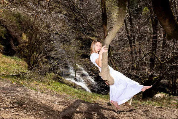 白いドレスを着た若いブロンドの女性が森の中の枝の上に座って — ストック写真