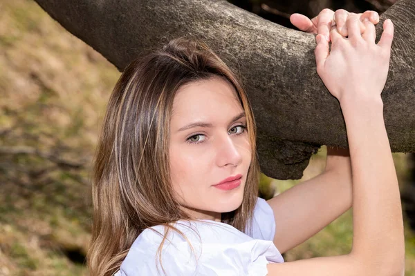 Pretty Blonde Woman Hugging Tree Branch White Dress — Photo