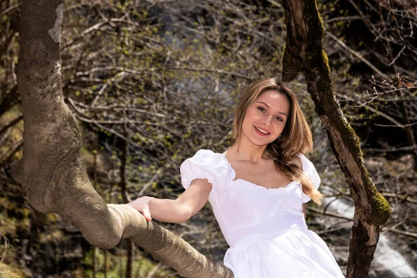 Blonde Woman White Dress Sitting Tree Forest — Stock Photo, Image