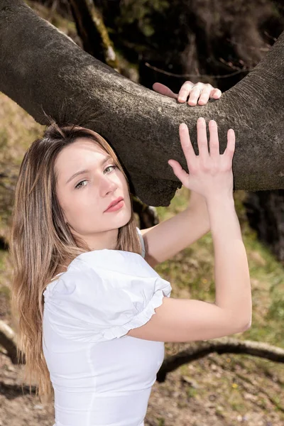 Pretty Blonde Woman Hugging Tree Branch White Dress — Foto de Stock