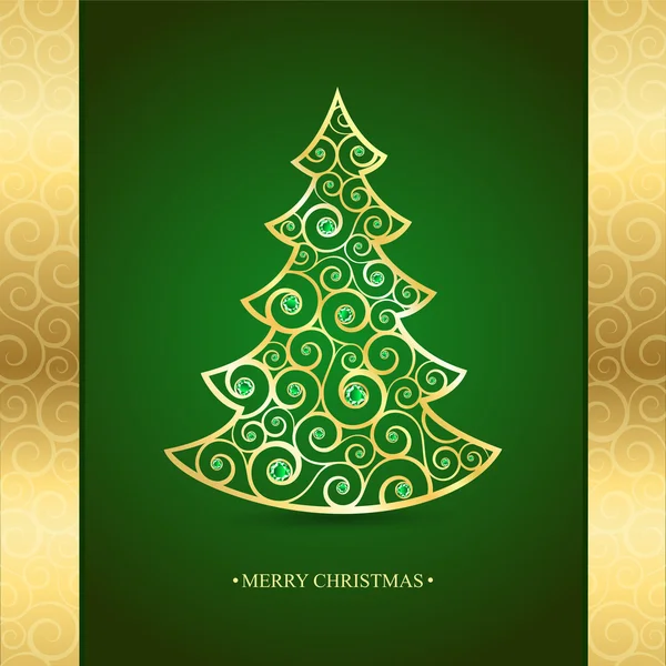 Gold Christmas tree on a green background — Stock Vector