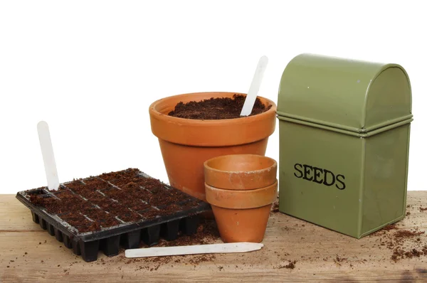 Seed tin tray and pots — Stock Photo, Image