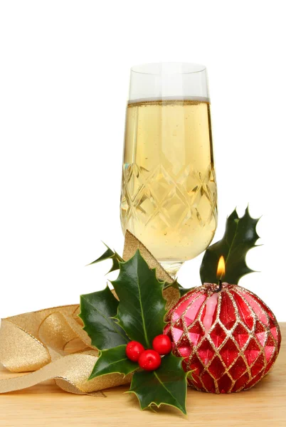 Champagne och jul dekorationer — Stockfoto