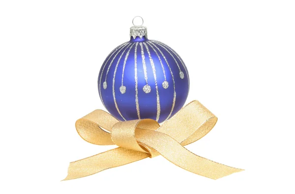 Gold bow and blue Christmas ball — Stock Photo, Image