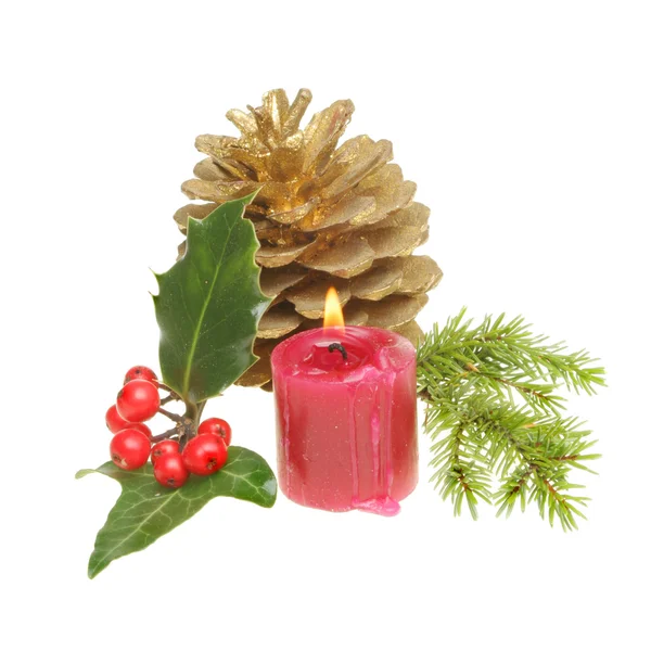 Christmas themed foliage and candle — Stock Photo, Image