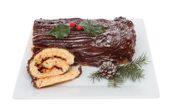 Chocolate yule log on a plate — Stock Photo, Image