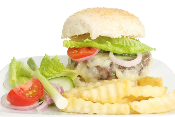 Close-up van een cheeseburger en chips — Stockfoto