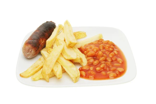 Childs meal sausage beans and chips — Stock Photo, Image