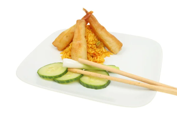 Filo prawns rice and garnish — Stock Photo, Image