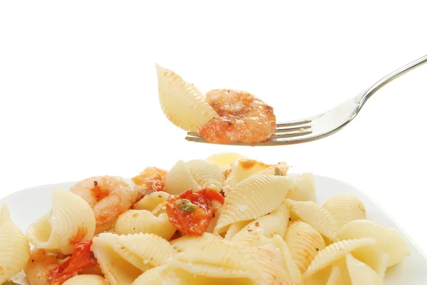 Pasta and prawn on a fork — Stock Photo, Image