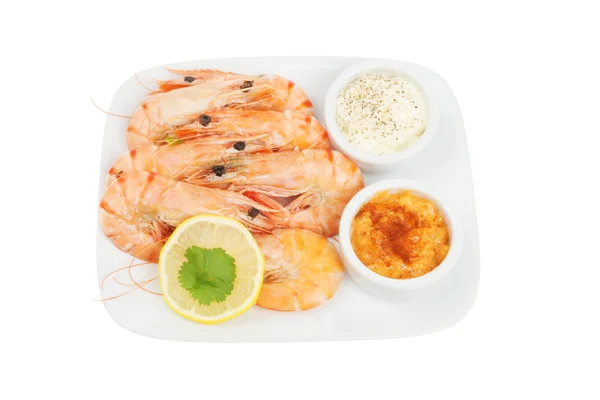 Whole prawns with dips — Stock Photo, Image
